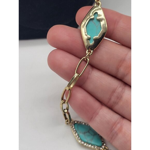 LAUREN RALPH LAUREN Long Gold Tone Faux Turquoise & Crystal Chain Necklace - Picture 5 of 9